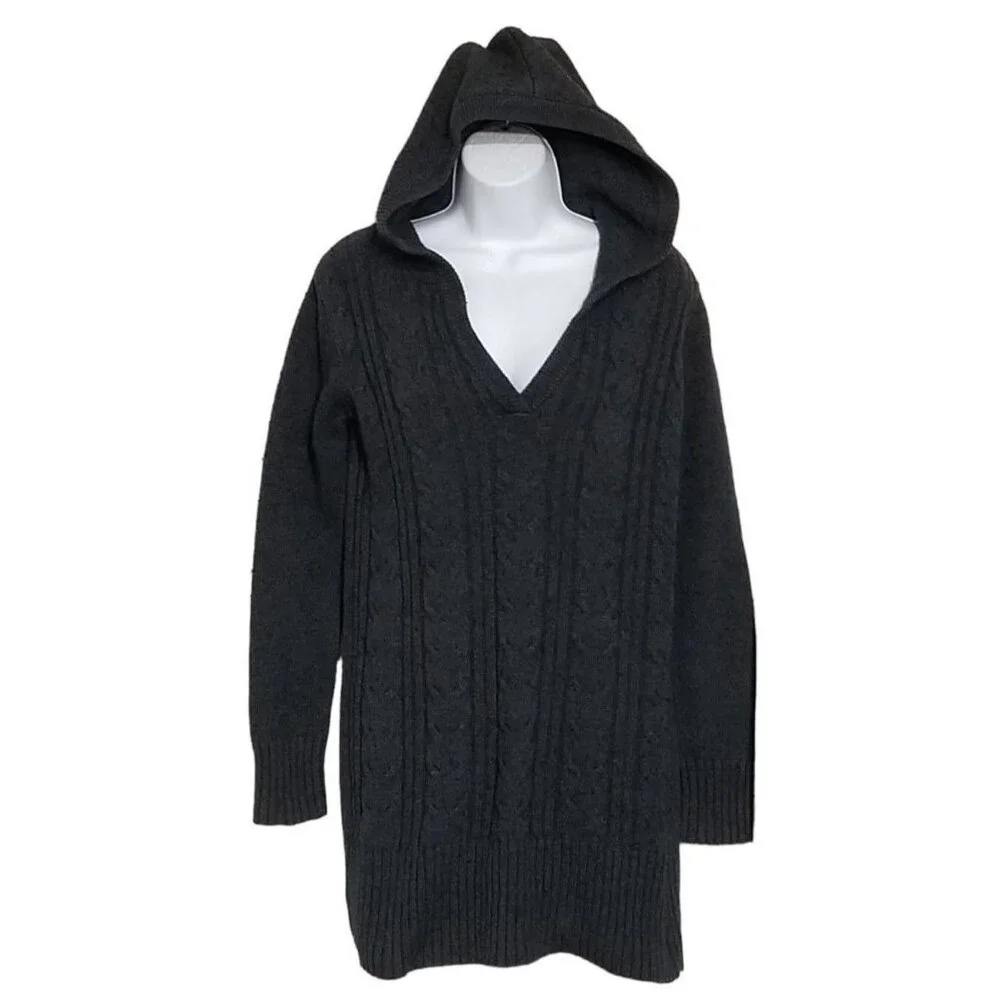 Hoodie Sweater Womens M Lamb Blend Long Sleeve Slub Cable Knit Charcoal - Picture 1 of 14